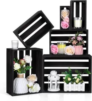 Set of 6 Decorative Wood Crates Nesting Storage Container, 6 Size Farmhouse Wooden Storage Boxes, Rustic Wooden Crates for Storage, Display, Decorations (Black)