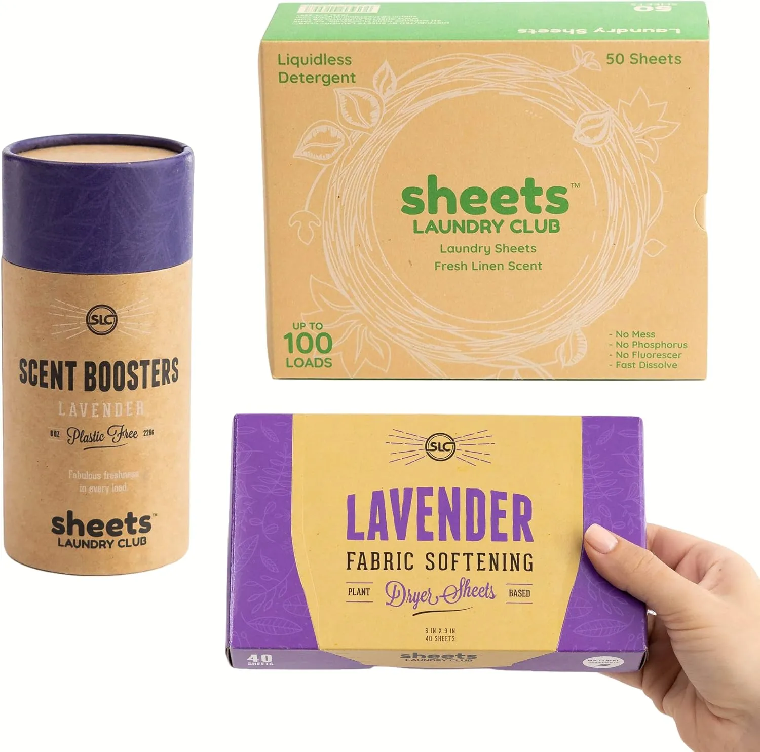 Sheets Laundry Club Bundle - 50 Pack (up to 100 loads) Fresh Linen Detergent Sheets, 40 Pack Lavender Dryer Sheets & 8 Oz. Lavender Scent Booster - New Liquidless Technology