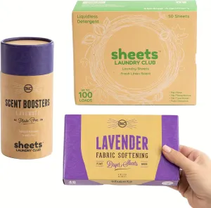 Sheets Laundry Club Bundle - 50 Pack (up to 100 loads) Fresh Linen Detergent Sheets, 40 Pack Lavender Dryer Sheets & 8 Oz. Lavender Scent Booster - New Liquidless Technology