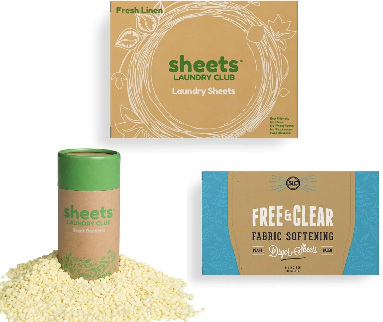 Sheets Laundry Club Bundle - 50 Pack (up to 100 loads) Fresh Linen Detergent Sheets, 40 Pack Lavender Dryer Sheets & 8 Oz. Lavender Scent Booster - New Liquidless Technology
