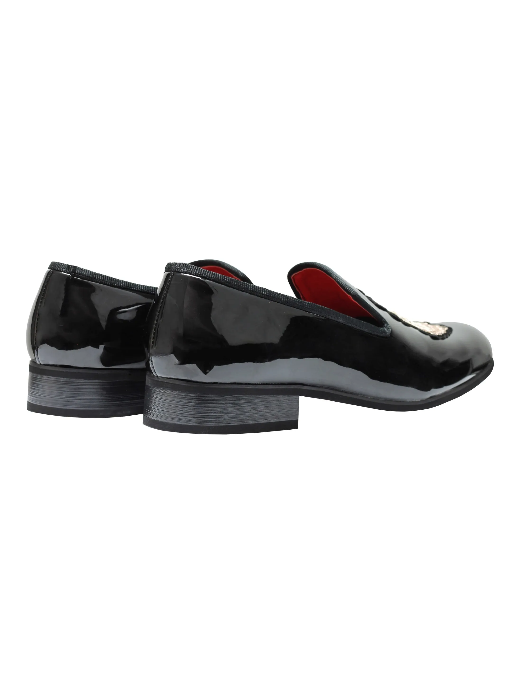 SHINY FAUX LEATHER GOLD CREST SHOES IN BLACK