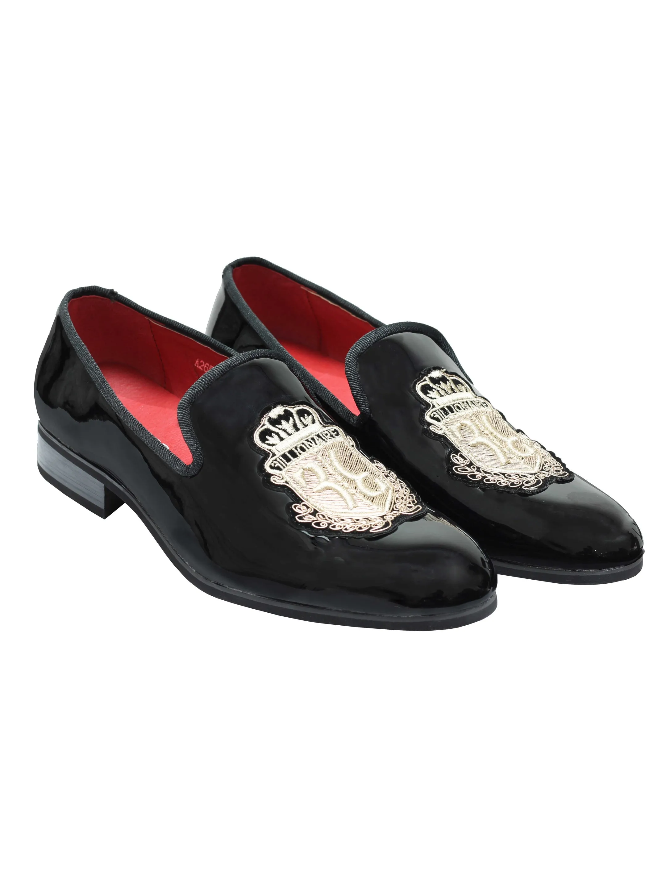 SHINY FAUX LEATHER GOLD CREST SHOES IN BLACK