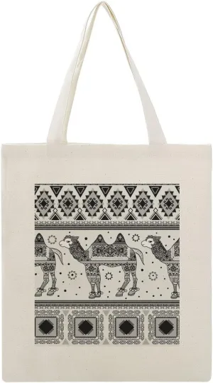 Shopping Tote Bag, Insulated Cooler Thermal Reusable Bag Lunch Box Portable Handbag Made in USA Print Vintage Bohemian Camel Tribal Ethnic Black White Pattern
