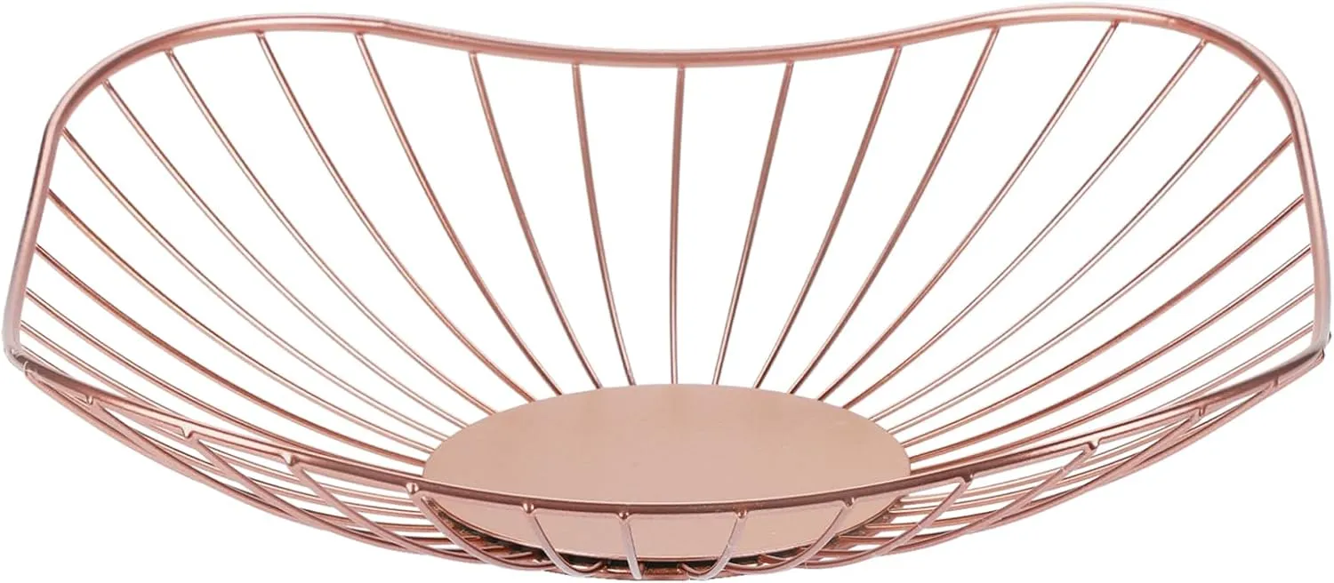 Short Curved-Edge Modern Creative Stylish Single Tier Dish,Metal Iron Wire Fruit Vegetables Bread Decorative Stand Serving Bowls Basket Holder (Square Dish) (Pink)