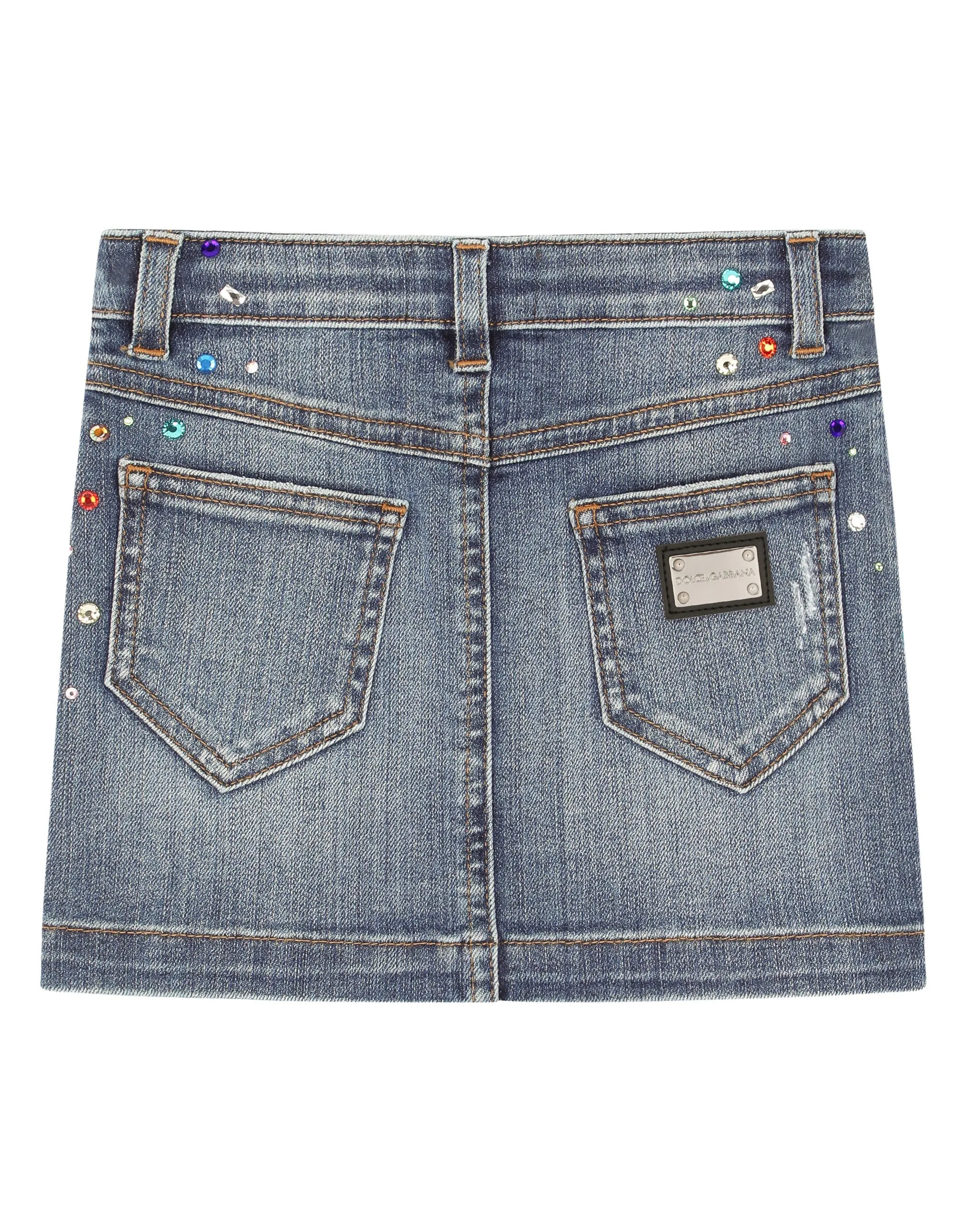 Short denim skirt with multi-colored fusible rhinestones