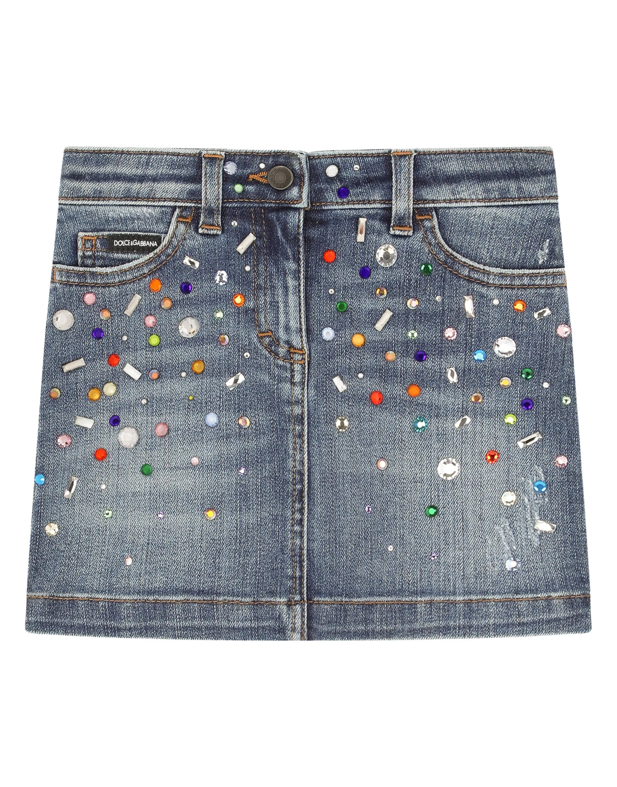 Short denim skirt with multi-colored fusible rhinestones