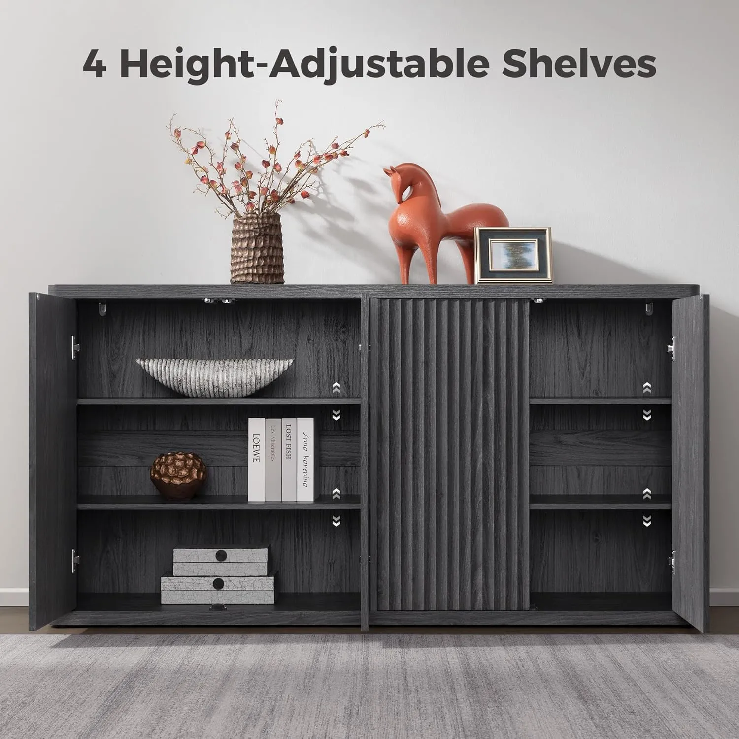 SICOTAS Buffet Cabinet with Storage Accent Sideboard with 4 Doors 66.3" Wide Fluted Credenza Modern Buffet Table Media Console Cabinet Entryway Cabinets for Living Room Kitchen Dining Room Hallway