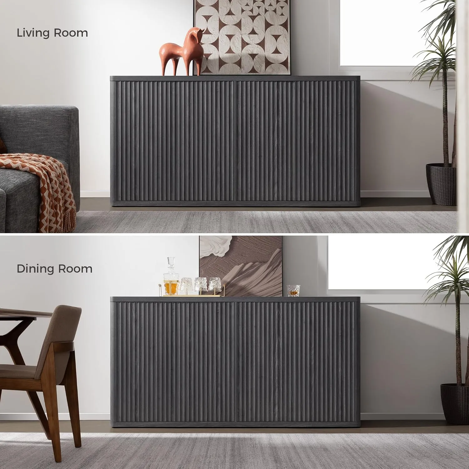 SICOTAS Buffet Cabinet with Storage Accent Sideboard with 4 Doors 66.3" Wide Fluted Credenza Modern Buffet Table Media Console Cabinet Entryway Cabinets for Living Room Kitchen Dining Room Hallway