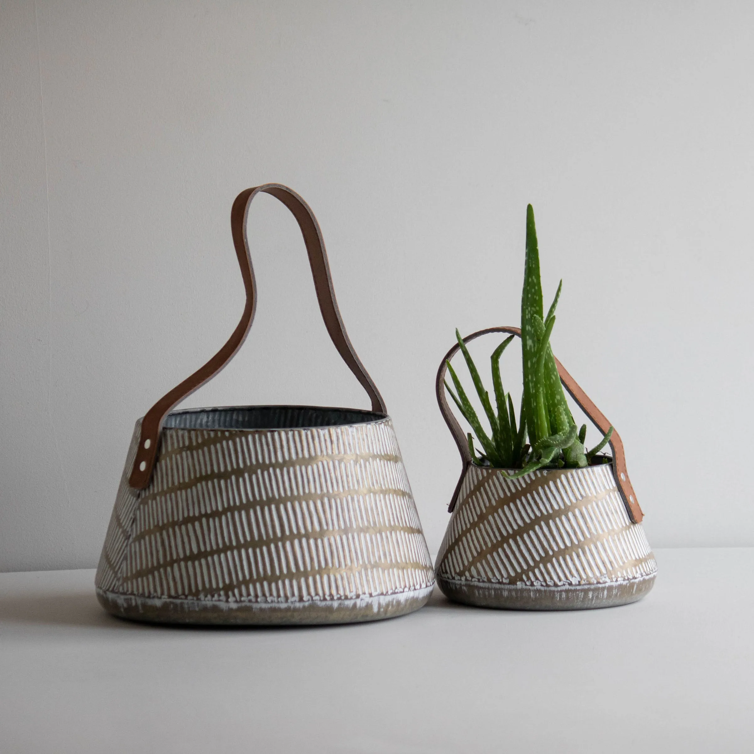 SIERRA SET 2 BRASS WHITEWASHED TAPERED BASKETS FAUX LEATHER (MIN 1)