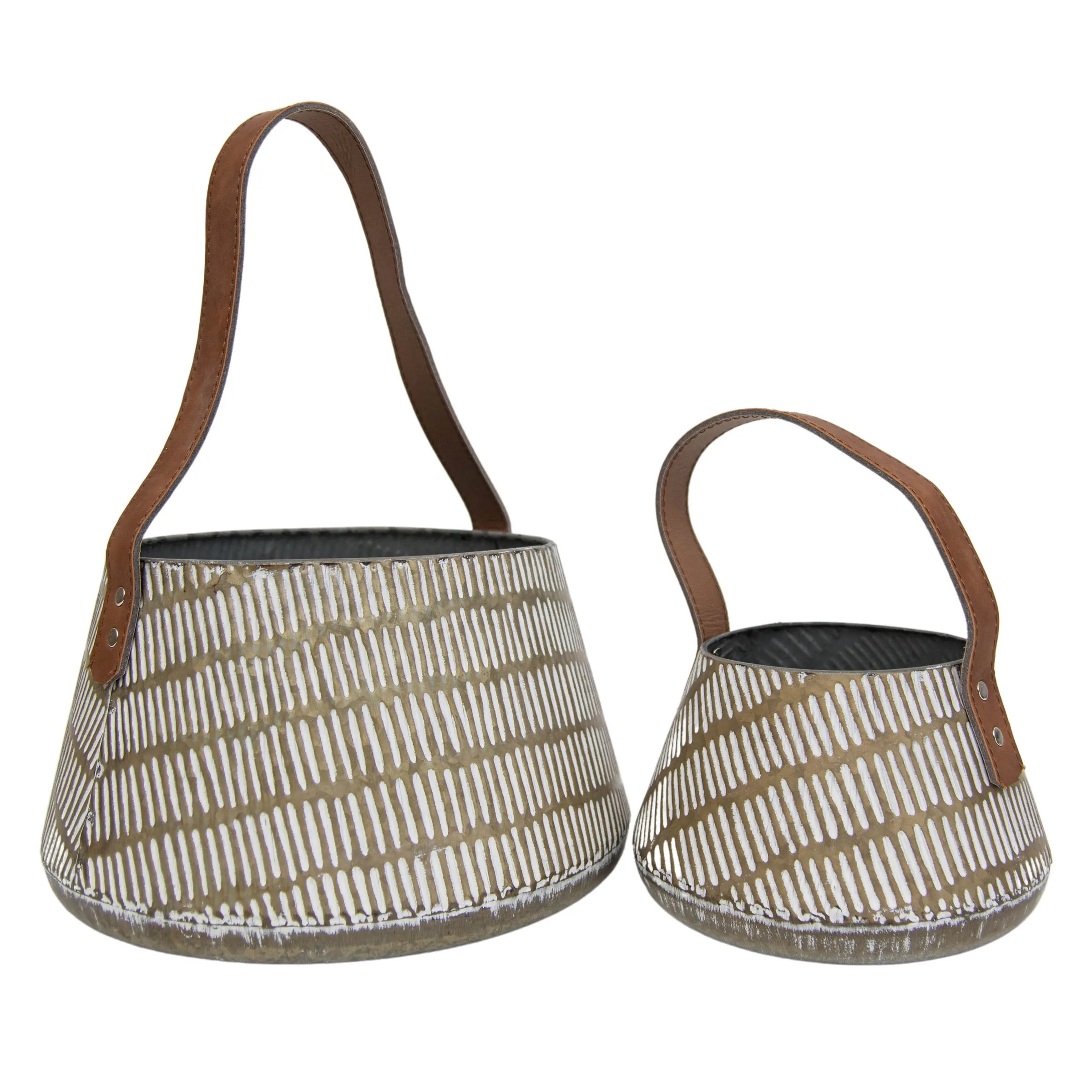 SIERRA SET 2 BRASS WHITEWASHED TAPERED BASKETS FAUX LEATHER (MIN 1)