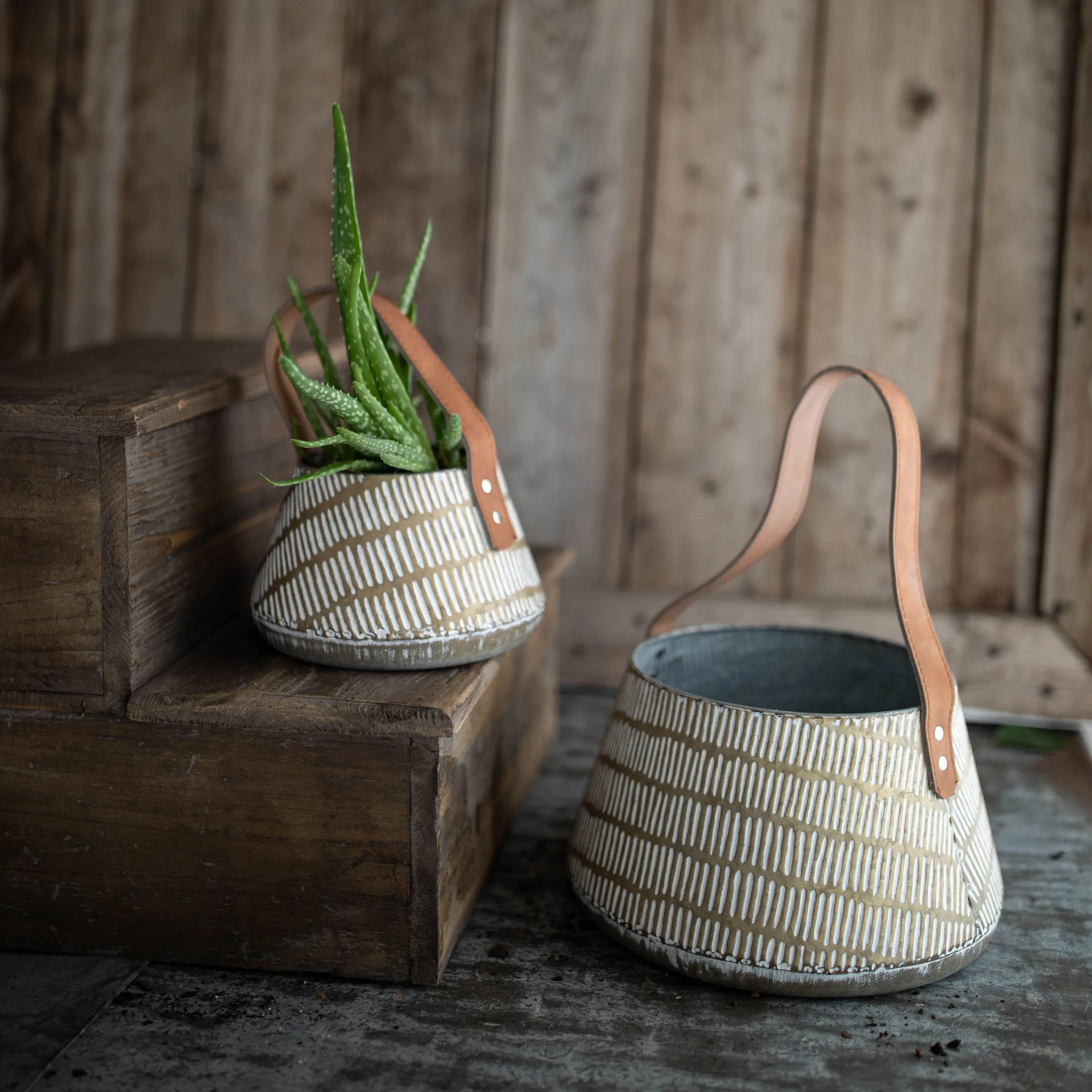 SIERRA SET 2 BRASS WHITEWASHED TAPERED BASKETS FAUX LEATHER (MIN 1)