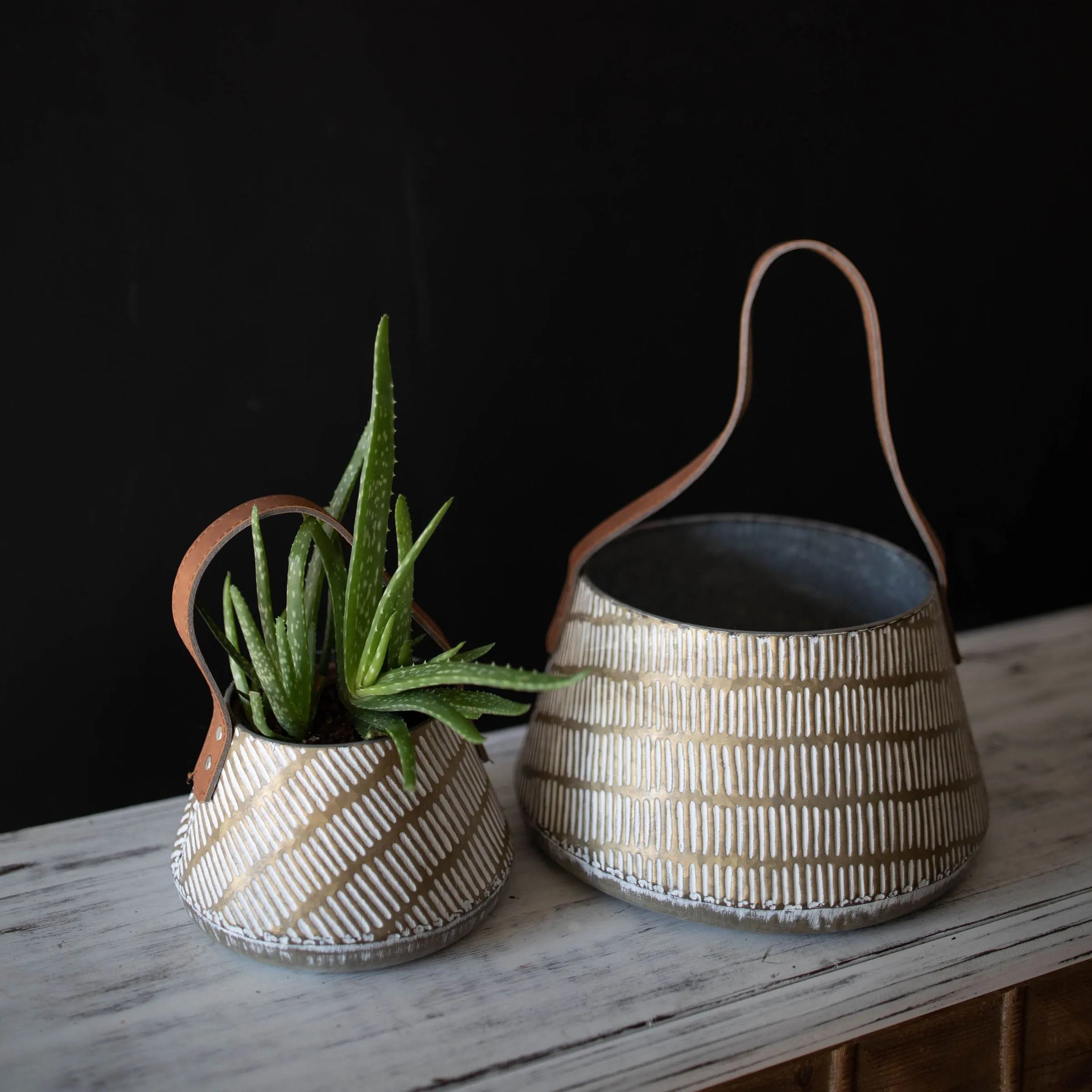 SIERRA SET 2 BRASS WHITEWASHED TAPERED BASKETS FAUX LEATHER (MIN 1)