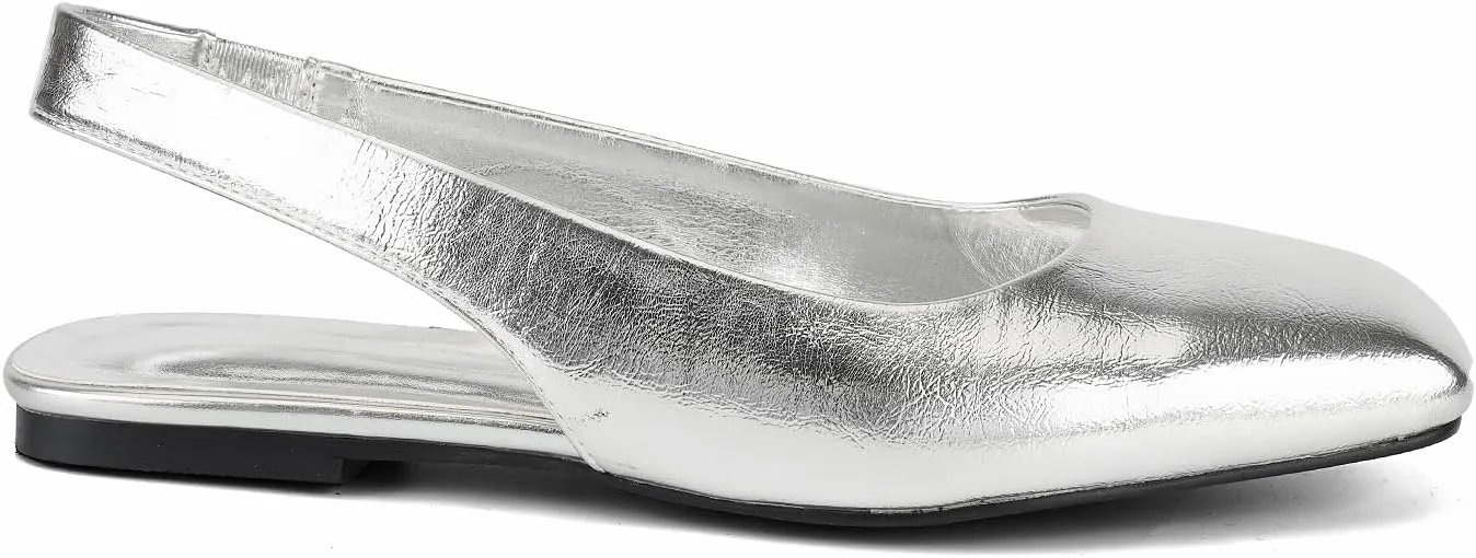 SIFINELAR Women Metallic Gold Square Toe Slingback Flats Shoes Comfort Slip On Casual Office Pumps Shoes