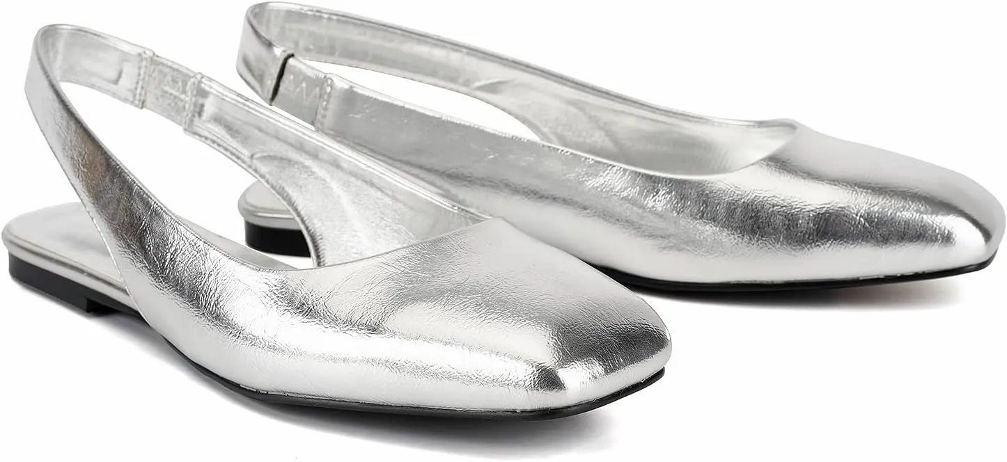 SIFINELAR Women Metallic Gold Square Toe Slingback Flats Shoes Comfort Slip On Casual Office Pumps Shoes