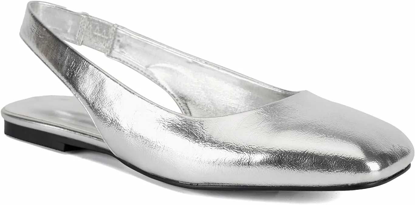 SIFINELAR Women Metallic Gold Square Toe Slingback Flats Shoes Comfort Slip On Casual Office Pumps Shoes