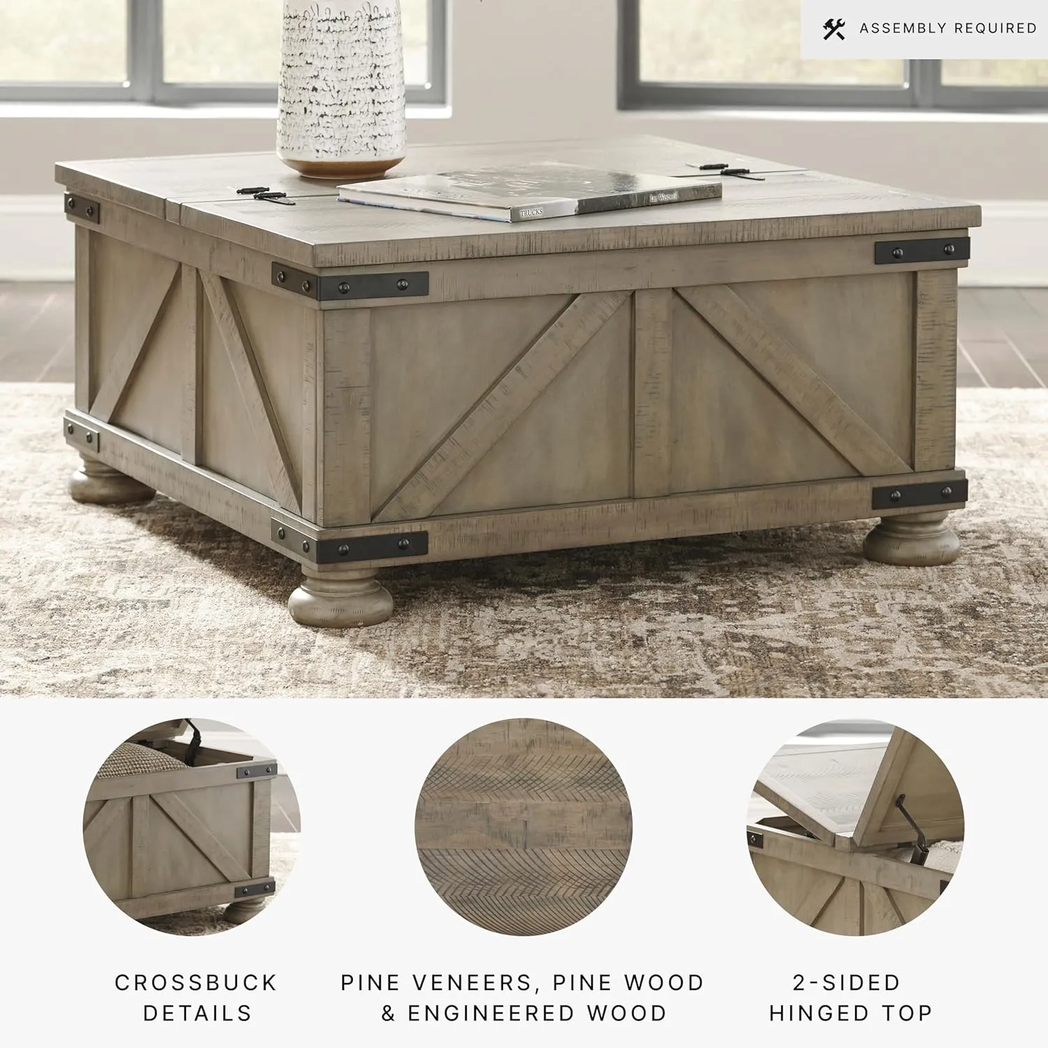 Signature Design by Ashley Aldwin Farmhouse Square Coffee Table with Lift Top for Storage, Grayish Brown