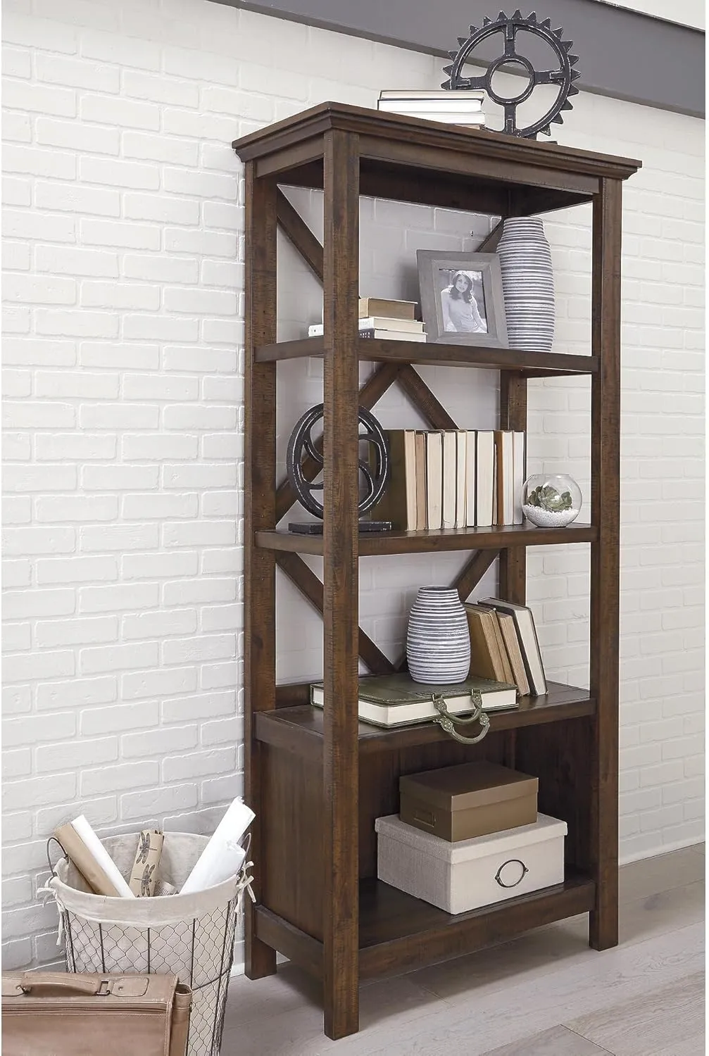 Signature Design by Ashley Baldridge Rustic 78" Bookcase with 4 Shelves, Distressed Brown