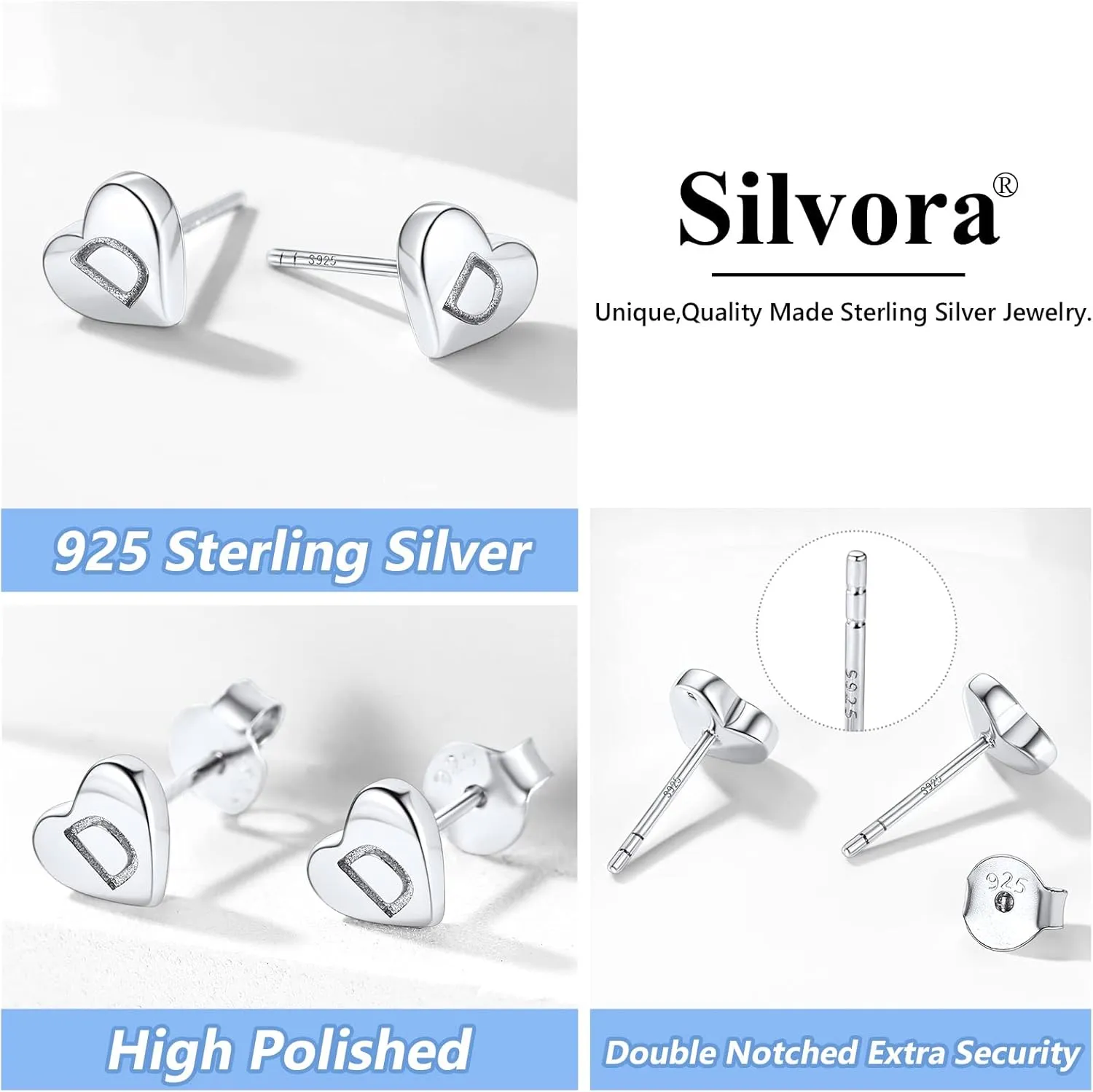 Silvora 925 Sterling Silver Heart Letter Stud Earrings for Women Initial Earring for Girls with Gift Packaging