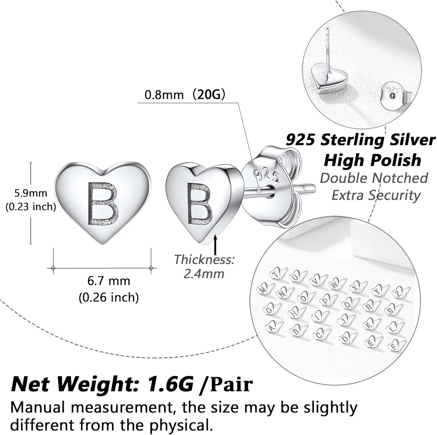 Silvora 925 Sterling Silver Heart Letter Stud Earrings for Women Initial Earring for Girls with Gift Packaging