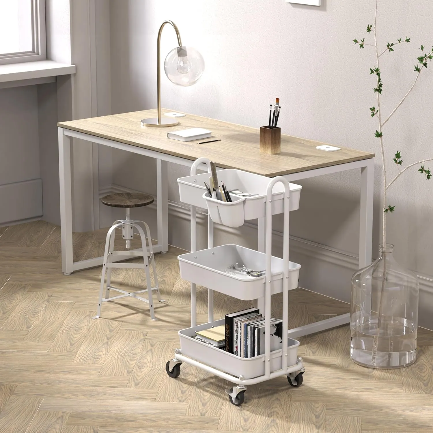 Simple Houseware 3-Tier Multifunctional Rolling Utility Cart with Hanging Bucket, White