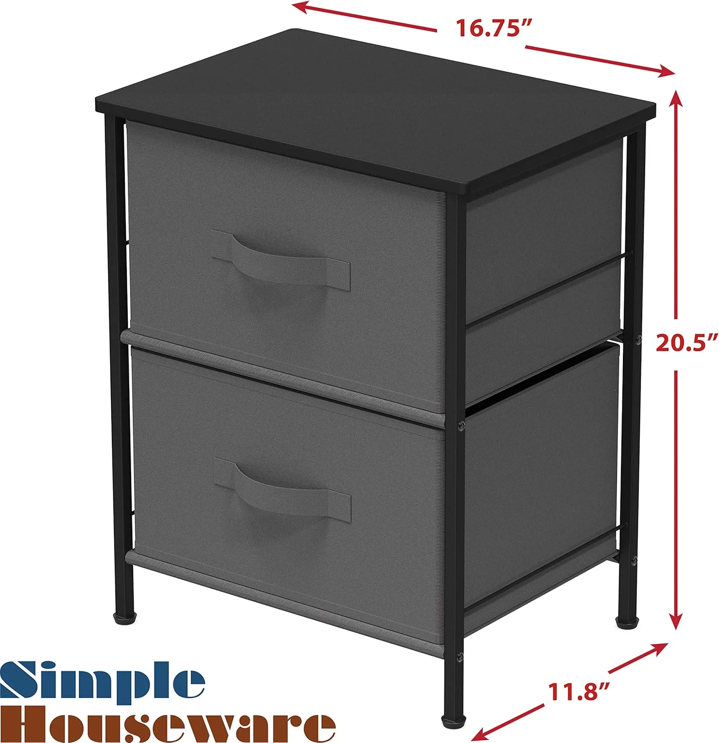 Simple Houseware Night Stands Dresser for Bedroom 2-Tier Organizer Drawer Storage Tower, Dark Grey
