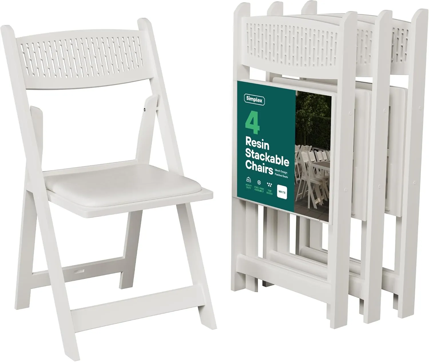 SIMPLEX White Stackable Folding Chairs, with Padded Seat & Mesh Back, Padded Indoor/Outdoor Folding Chair, Lightweight Foldable Chairs, Weight Capacity 800LBs (4 Pack)