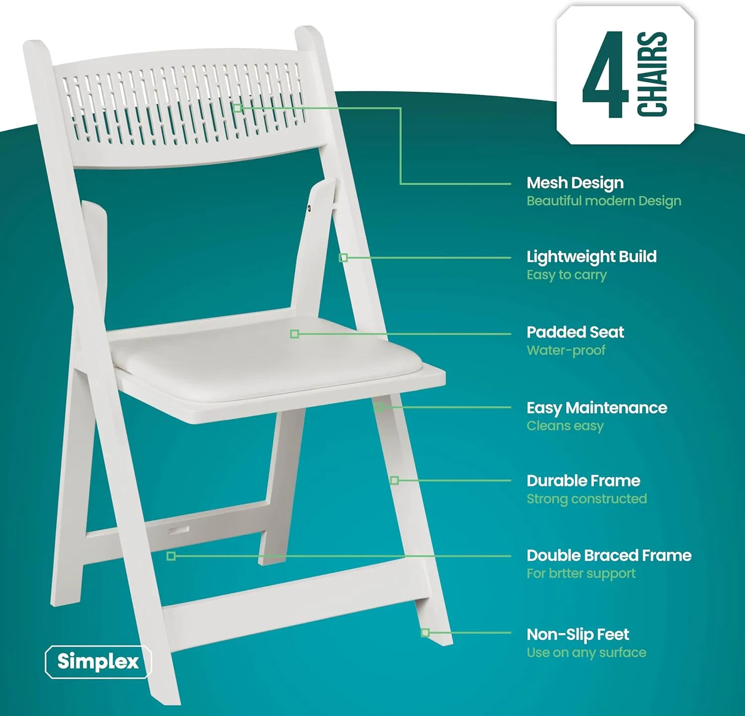 SIMPLEX White Stackable Folding Chairs, with Padded Seat & Mesh Back, Padded Indoor/Outdoor Folding Chair, Lightweight Foldable Chairs, Weight Capacity 800LBs (4 Pack)