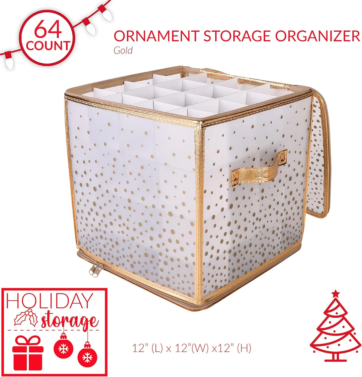 Simplify 64 Count Ornament Storage Box | Plastic | Decorative Organizer | Storage Bin | Gold | L12 x W12 x H12