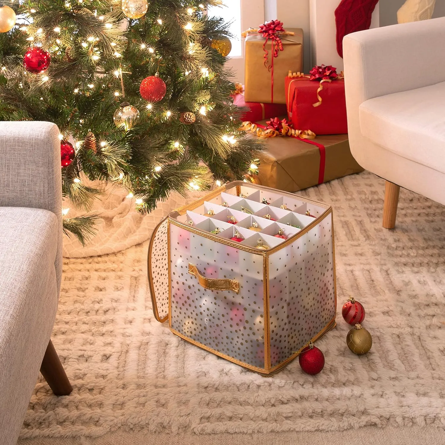 Simplify 64 Count Ornament Storage Box | Plastic | Decorative Organizer | Storage Bin | Gold | L12 x W12 x H12