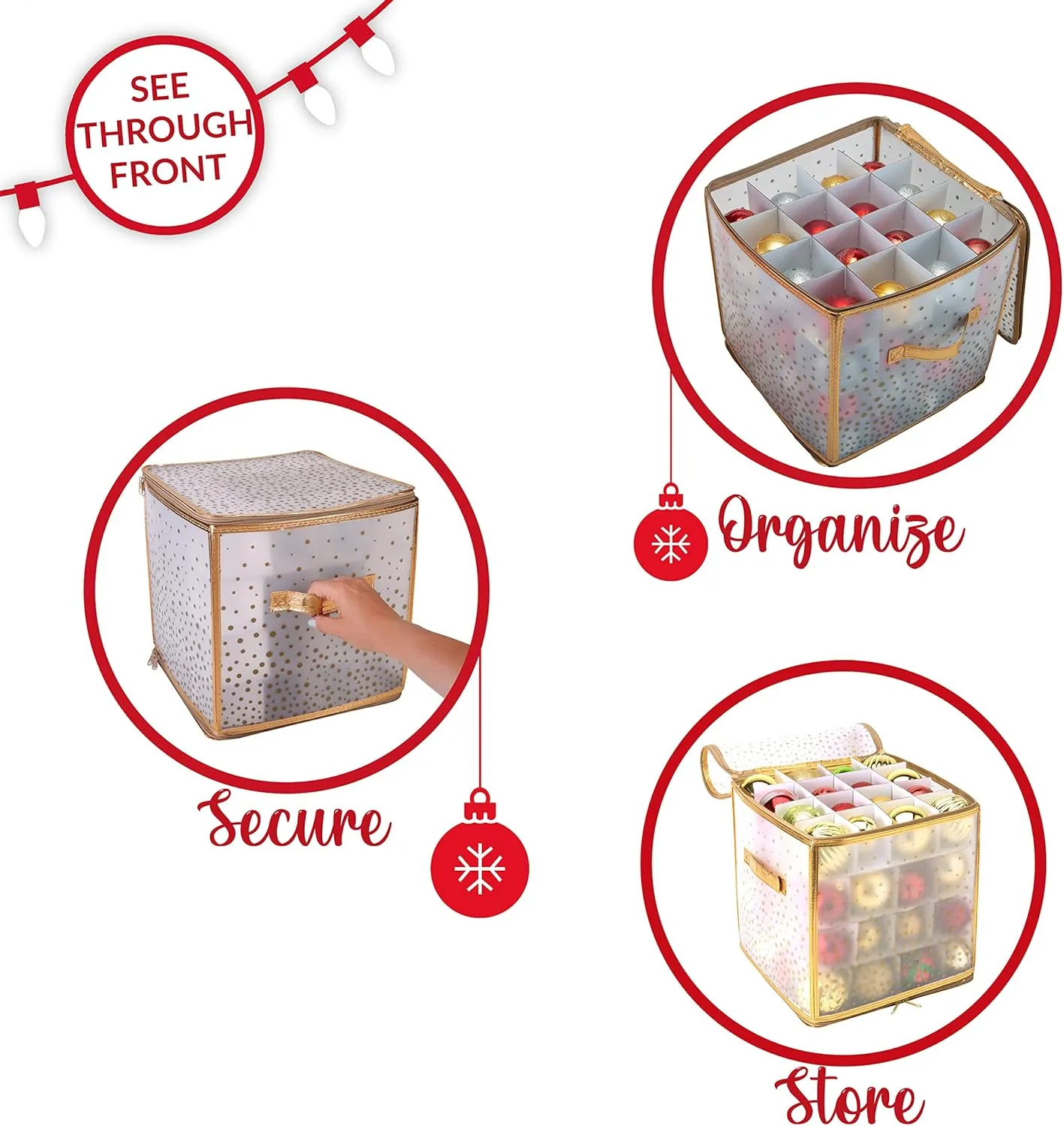 Simplify 64 Count Ornament Storage Box | Plastic | Decorative Organizer | Storage Bin | Gold | L12 x W12 x H12
