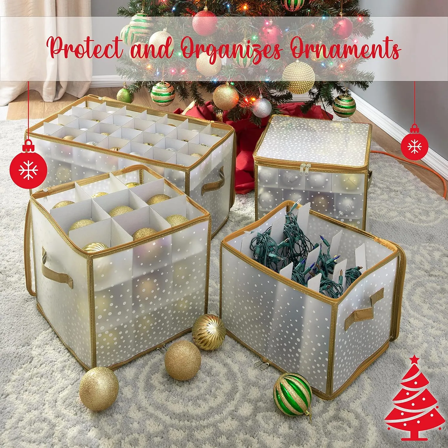 Simplify 64 Count Ornament Storage Box | Plastic | Decorative Organizer | Storage Bin | Gold | L12 x W12 x H12