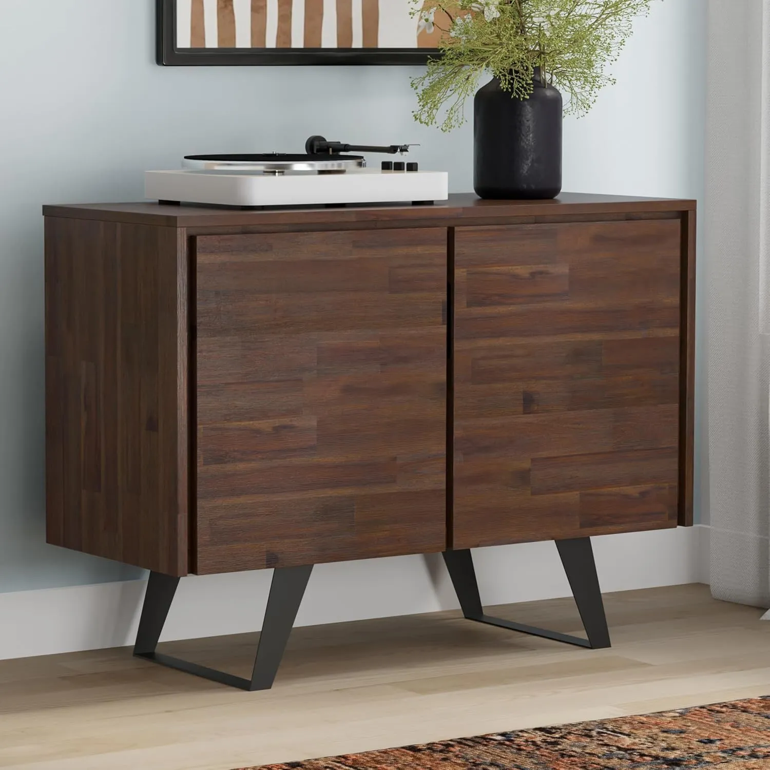 SIMPLIHOME Lowry Buffet - 41 inch Wide Solid Acacia Wood 2-Door Sideboard Buffet in Distressed Charcoal Brown, Modern Industrial Cabinet for Dining Room or Kitchen with Metal Base and Storage Shelf