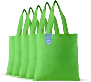 Simply Green Solutions Reusable Cotton Cloth Grocery Craft Bag, 15 x 16 Reusable Tote with Handle, Pack of 5, Lime Green