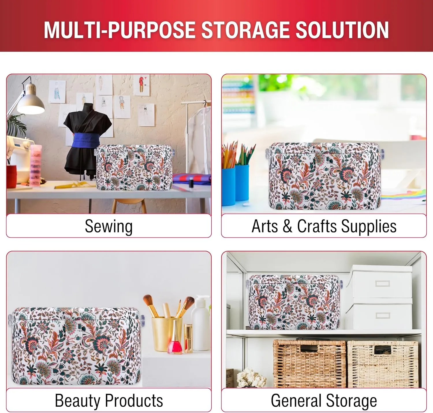 SINGER Premium Round Large Sewing Basket with Matching Zipper Pouch | 30% More Storage Volume (Floral Paisley Print)