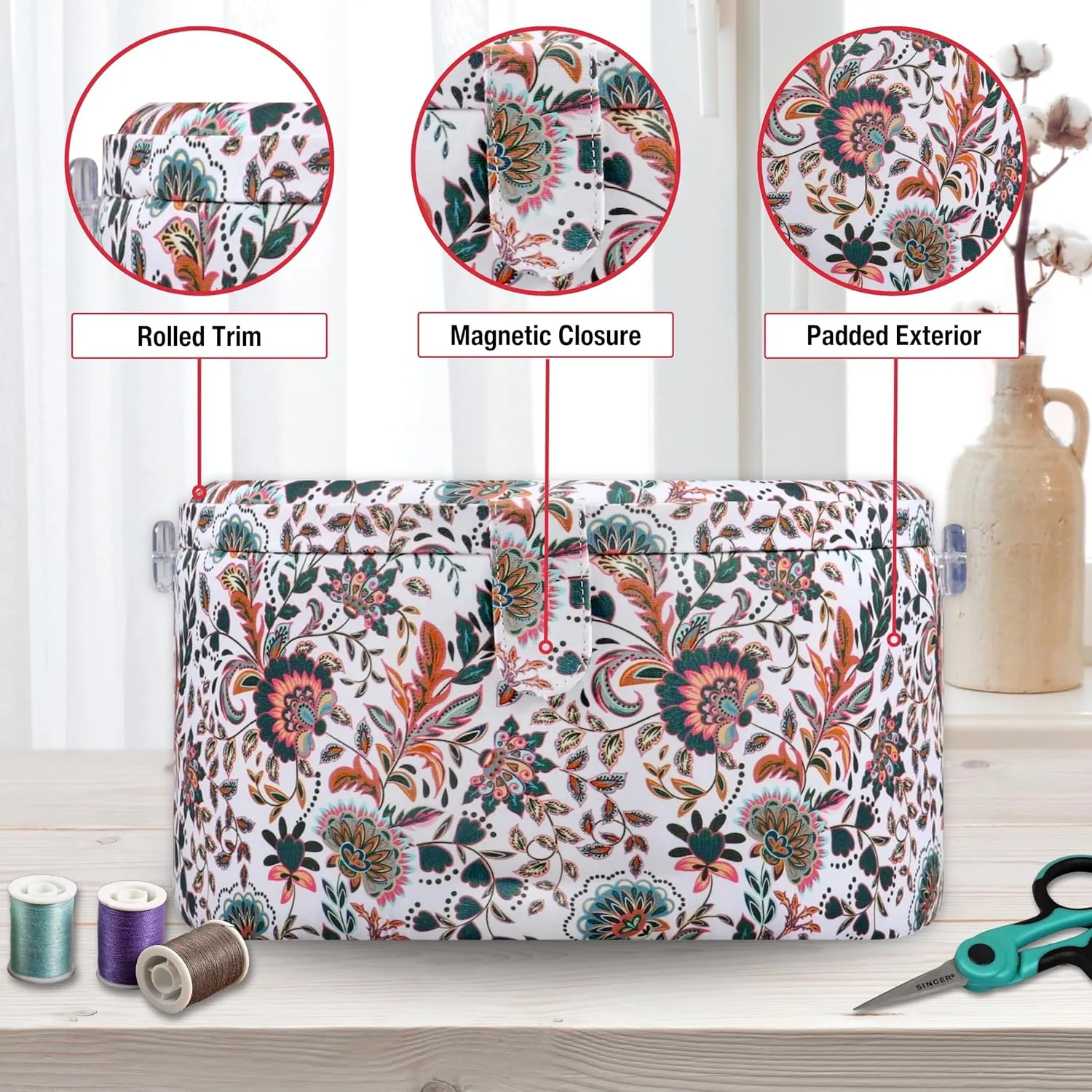 SINGER Premium Round Large Sewing Basket with Matching Zipper Pouch | 30% More Storage Volume (Floral Paisley Print)
