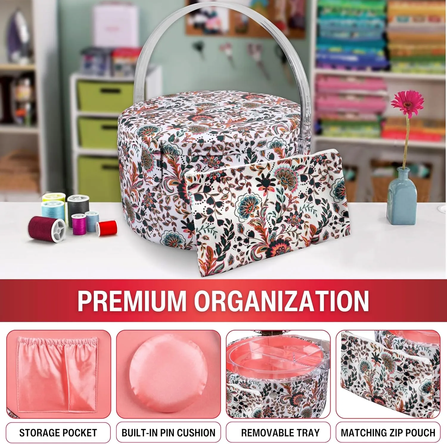 SINGER Premium Round Large Sewing Basket with Matching Zipper Pouch | 30% More Storage Volume (Floral Paisley Print)