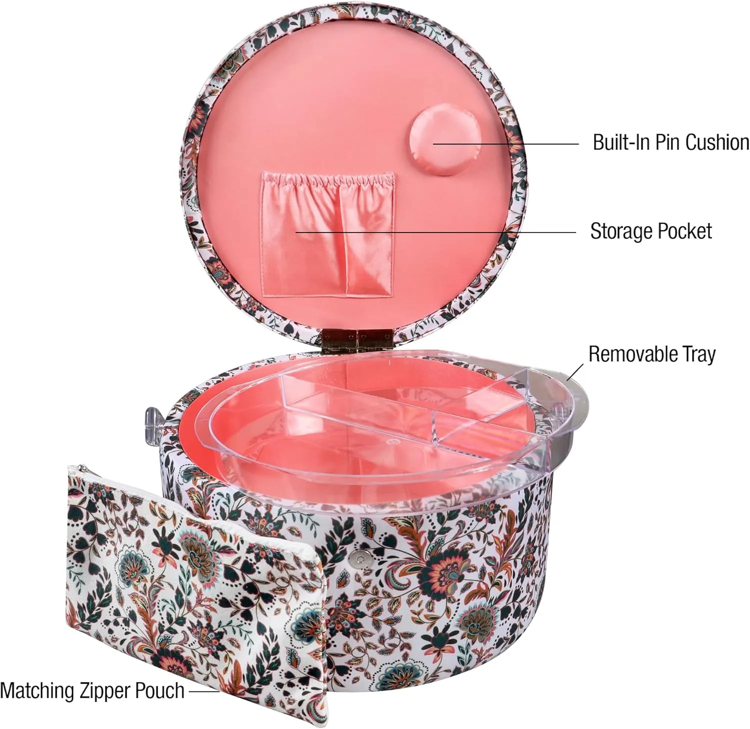 SINGER Premium Round Large Sewing Basket with Matching Zipper Pouch | 30% More Storage Volume (Floral Paisley Print)