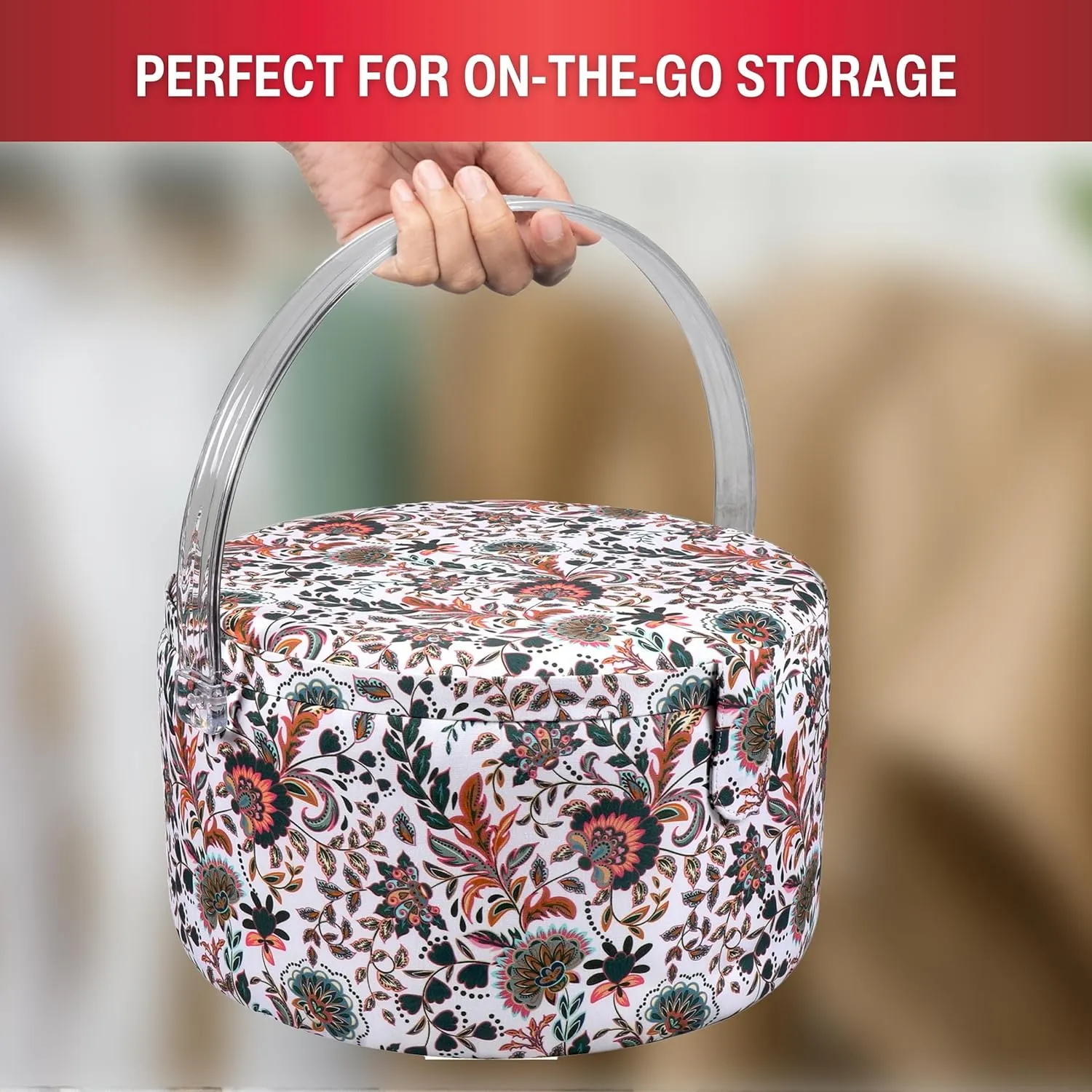 SINGER Premium Round Large Sewing Basket with Matching Zipper Pouch | 30% More Storage Volume (Floral Paisley Print)