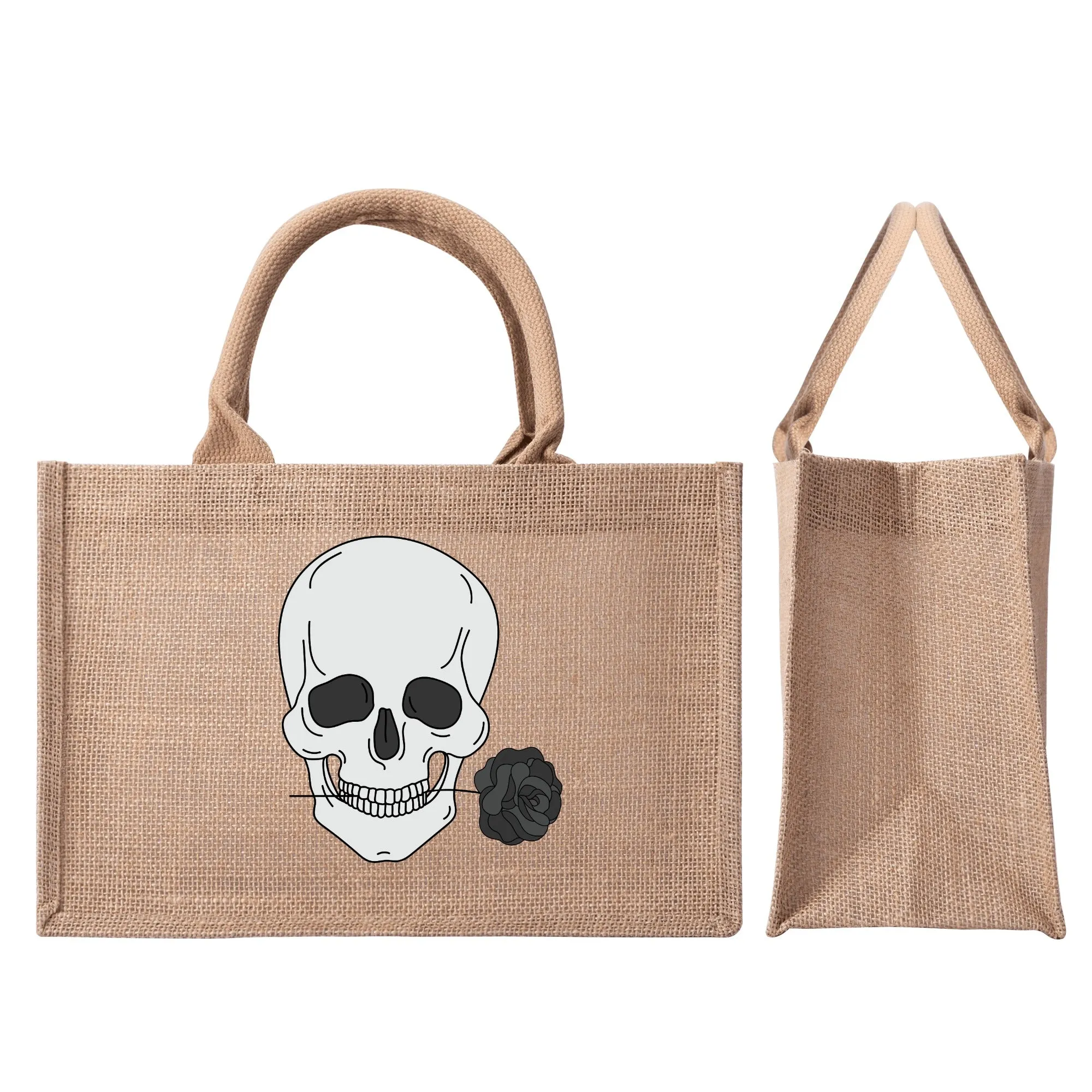 Skull Holding A Black Rose Brown Jute Burlap Tote Bag