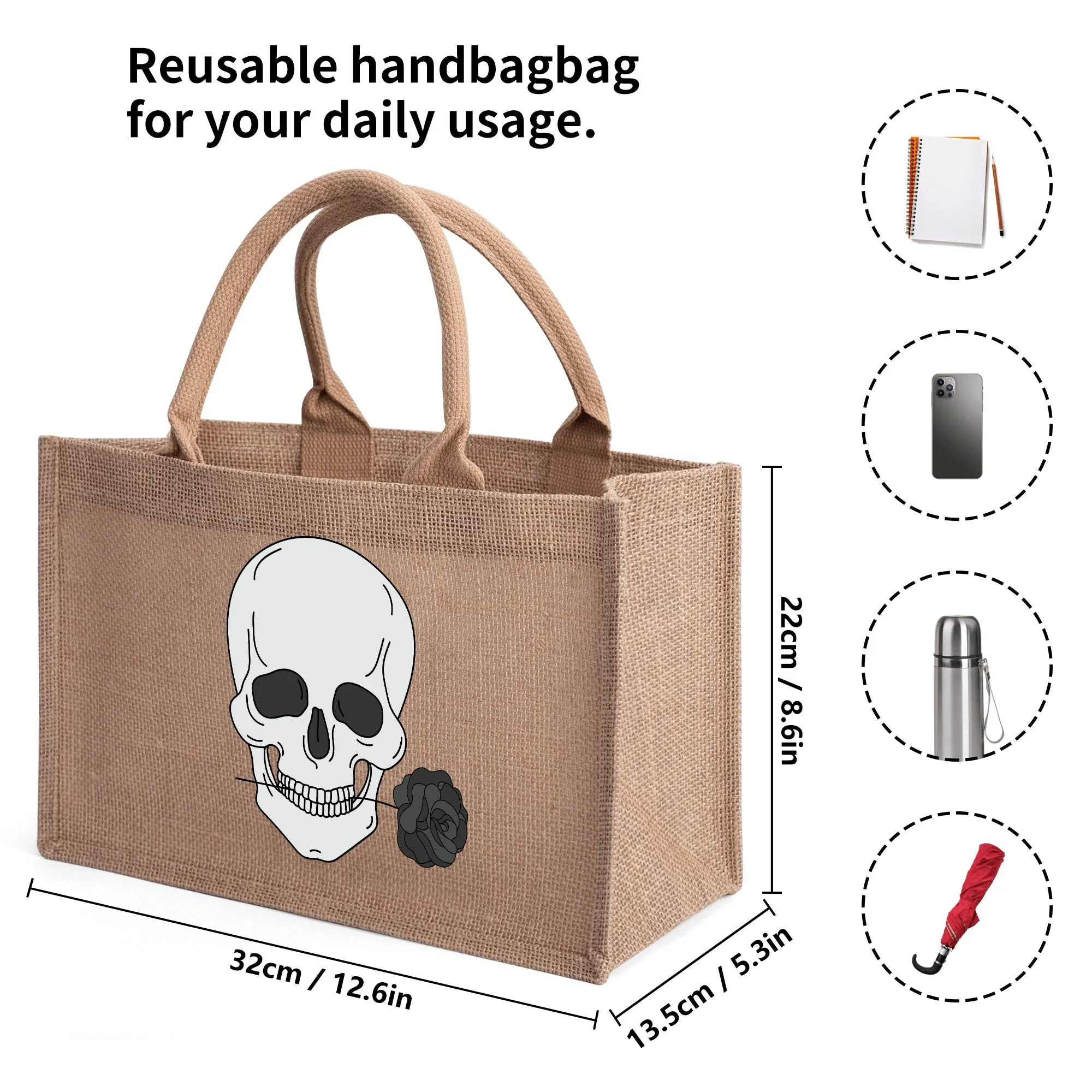 Skull Holding A Black Rose Brown Jute Burlap Tote Bag