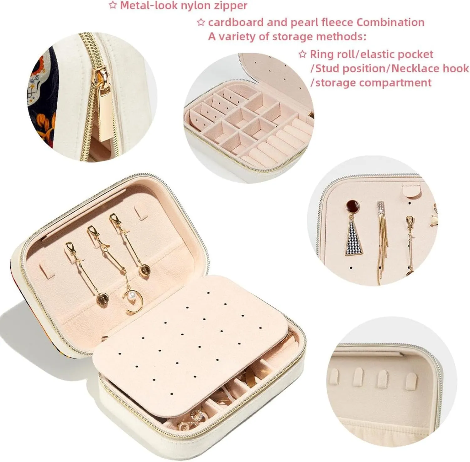 Skulls and Tropical Flowers Jewelry Box Necklace Ring Storage Organizer, PU Leather Jewelry case Portable Travel Jewelry Organizer for Women Girls