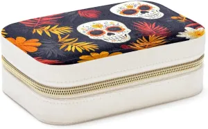 Skulls and Tropical Flowers Jewelry Box Necklace Ring Storage Organizer, PU Leather Jewelry case Portable Travel Jewelry Organizer for Women Girls
