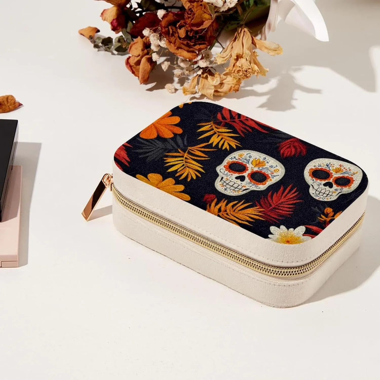 Skulls and Tropical Flowers Jewelry Box Necklace Ring Storage Organizer, PU Leather Jewelry case Portable Travel Jewelry Organizer for Women Girls