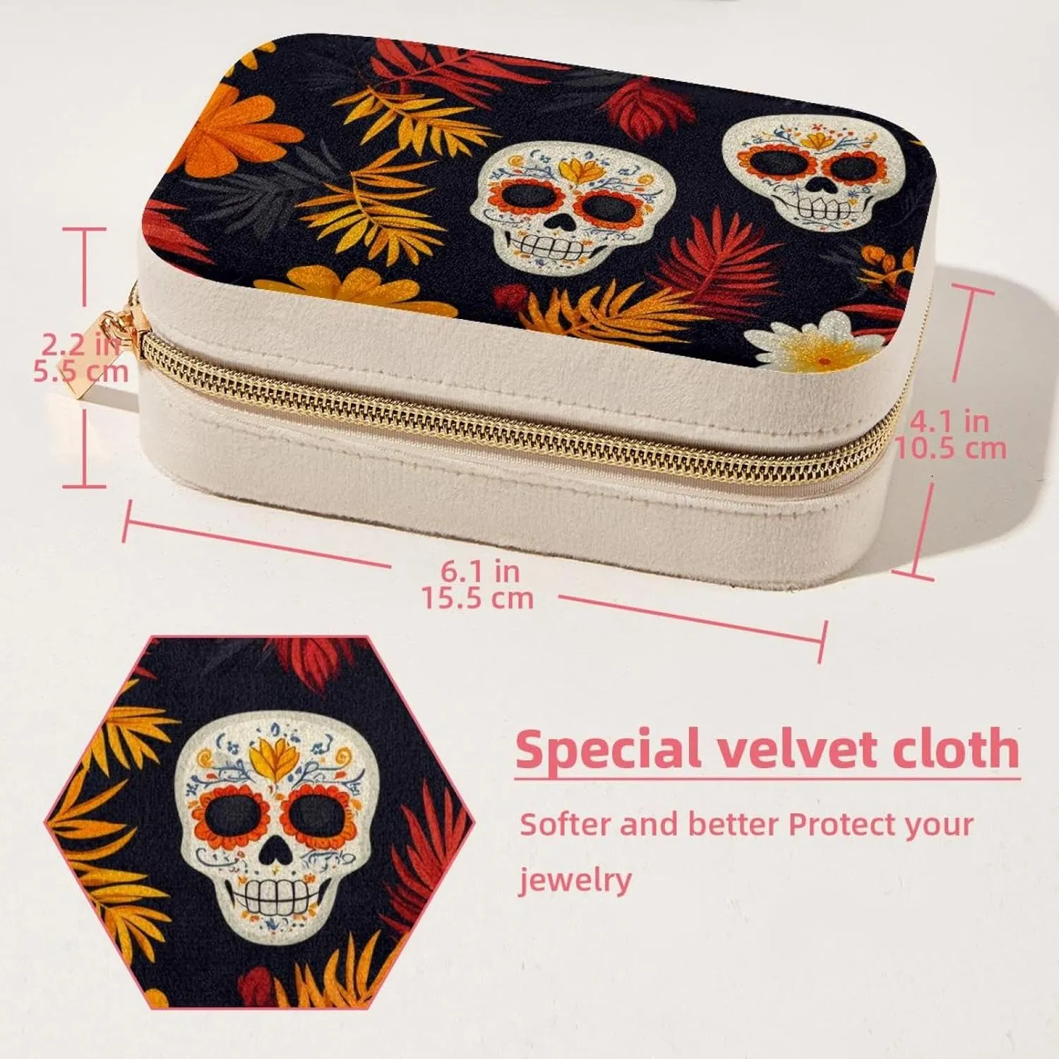 Skulls and Tropical Flowers Jewelry Box Necklace Ring Storage Organizer, PU Leather Jewelry case Portable Travel Jewelry Organizer for Women Girls