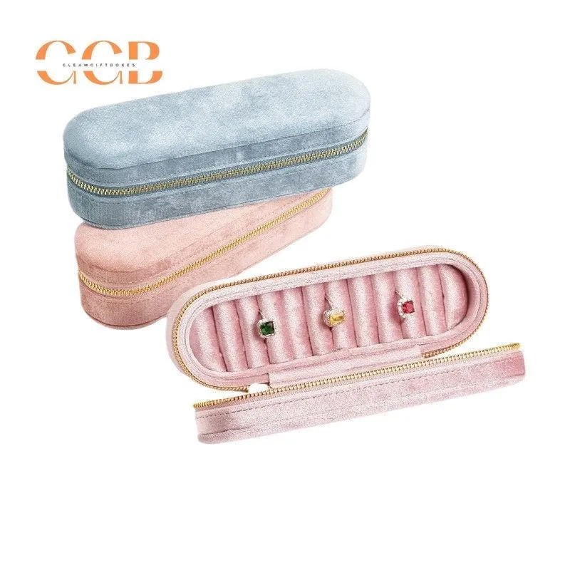 Slim rectangular velvet ring display box and tray, zipper box, ring organizer, jewelry display box, jewelry storage box, travel jewelry case