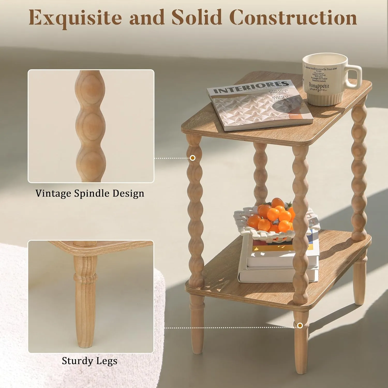 Small End Table, Couch Side Table with 2-Tier Storage Shelf, Wood Coffee Table for Bedroom, Living Room, Small Spaces(Rustic Walnut)