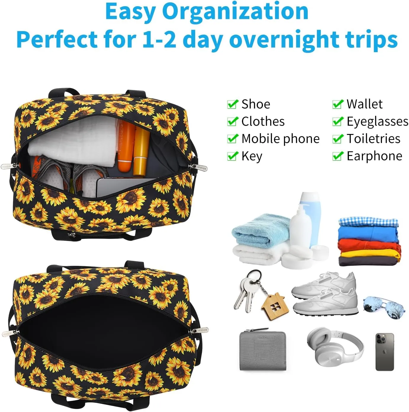 Small Gym Bag 14 inch lightweight Carry On Mini Duffel Bag for Travel Sport - Sunflower