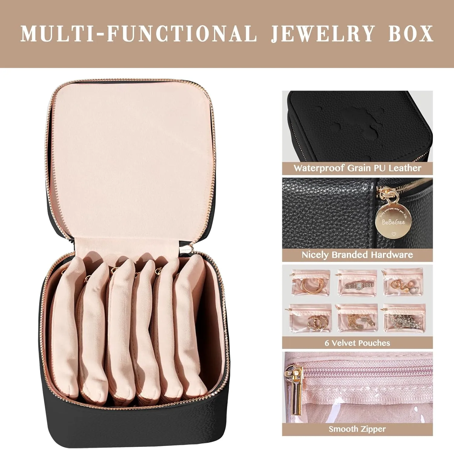 Small Jewelry Box Organizer,[with 6 Premium Jewelry Zipper Pockets],Travel Jewelry Case Mini Pouch Birthday Gifts for Women Mothers Day Bridesmaid Gifts, Travel Essentials Accessories(Black)…