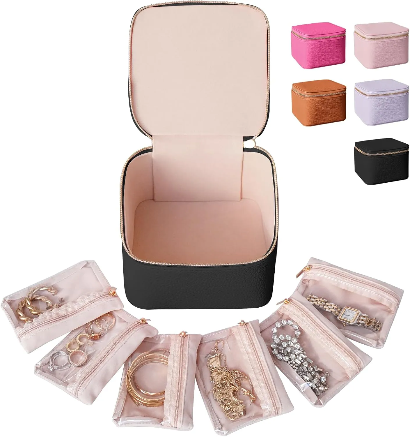 Small Jewelry Box Organizer,[with 6 Premium Jewelry Zipper Pockets],Travel Jewelry Case Mini Pouch Birthday Gifts for Women Mothers Day Bridesmaid Gifts, Travel Essentials Accessories(Black)…