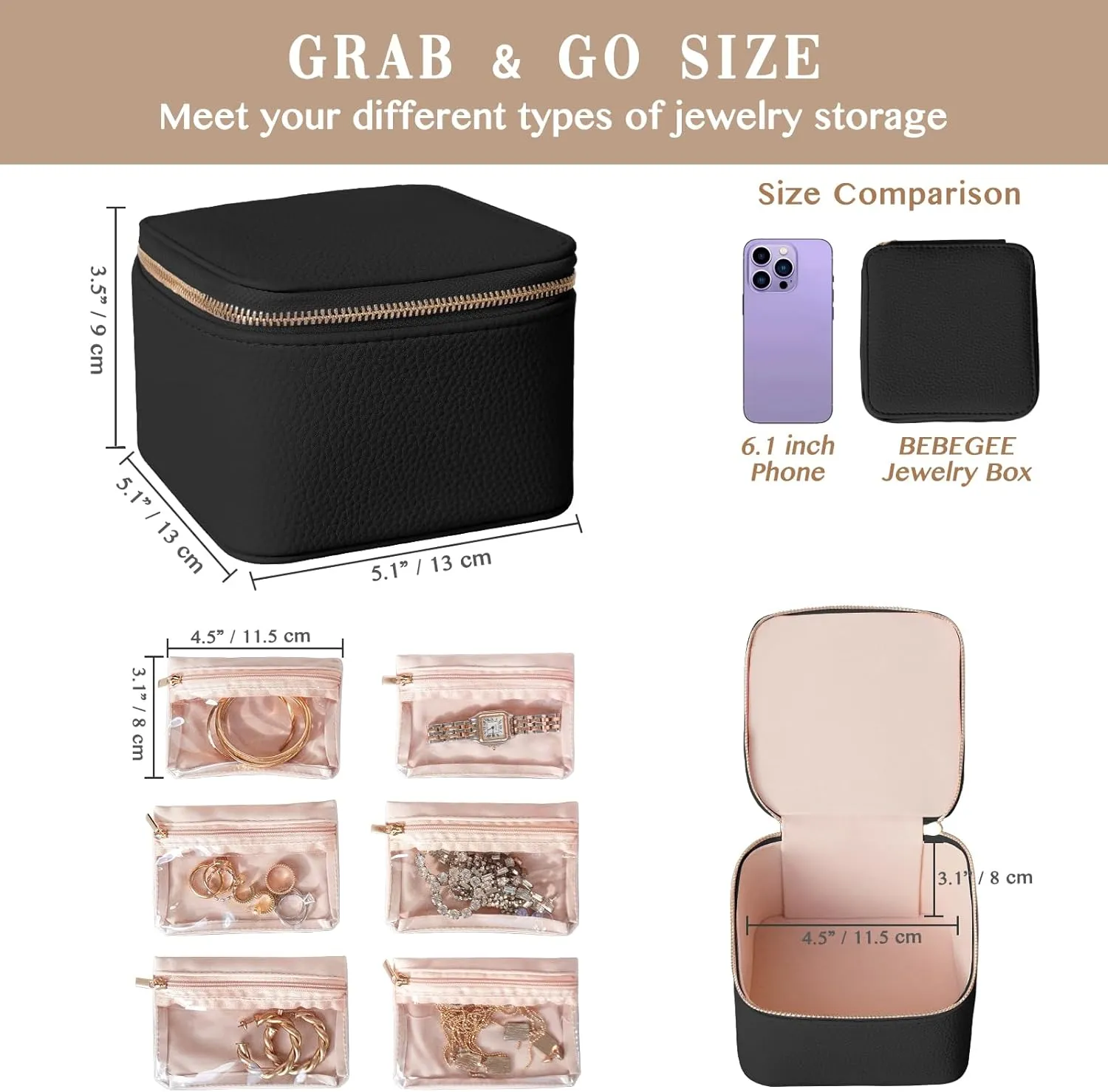 Small Jewelry Box Organizer,[with 6 Premium Jewelry Zipper Pockets],Travel Jewelry Case Mini Pouch Birthday Gifts for Women Mothers Day Bridesmaid Gifts, Travel Essentials Accessories(Black)…